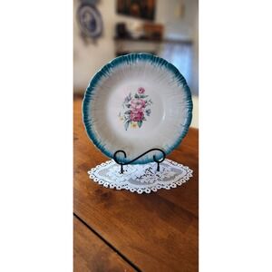 Homer Laughlin Floral Turquoise Rimmed Serving Bowl Made USA L55N8 Vintage